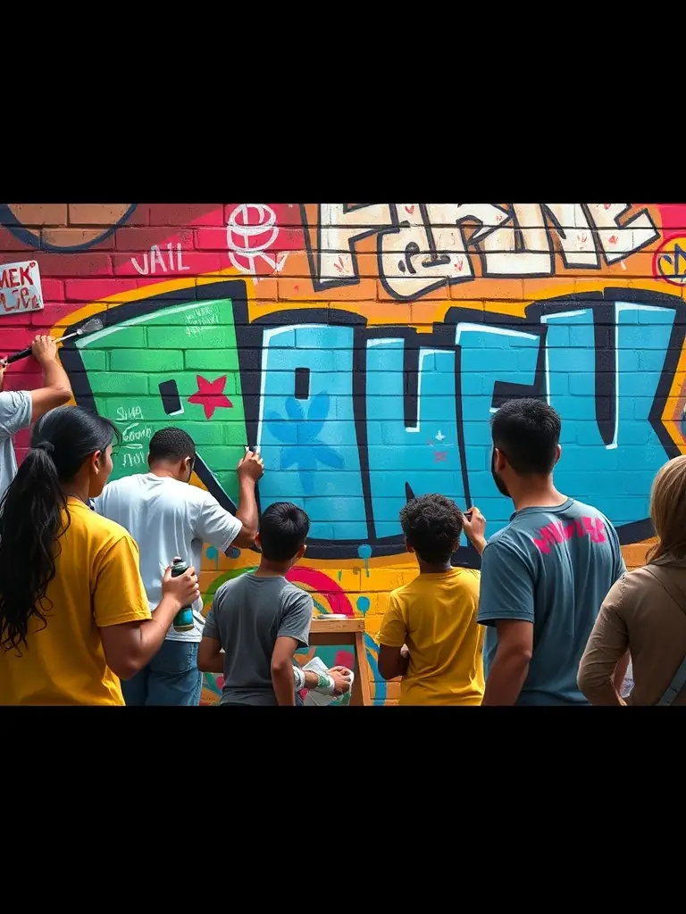 A dynamic image of a street art project, with artists collaborating on a large mural, using vibrant colors and bold designs to transform a public space.