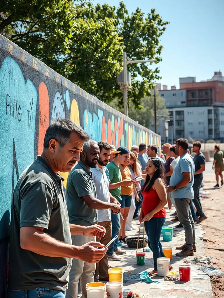 A dynamic image of a mural being collaboratively painted by community members, reflecting the vibrant public art projects supported by ASSOC SOL'ART and their impact on local spaces.