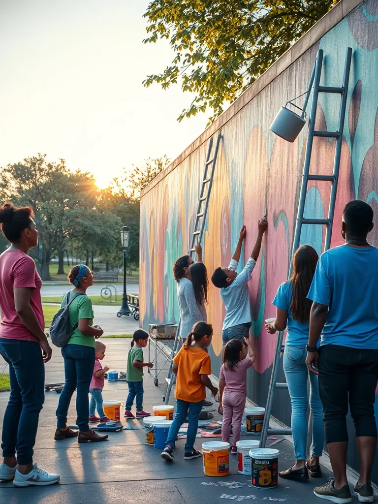 A vibrant mural being painted on a public wall, with artists of different ages and backgrounds collaborating, representing ASSOC SOL'ART's commitment to public art and community engagement.