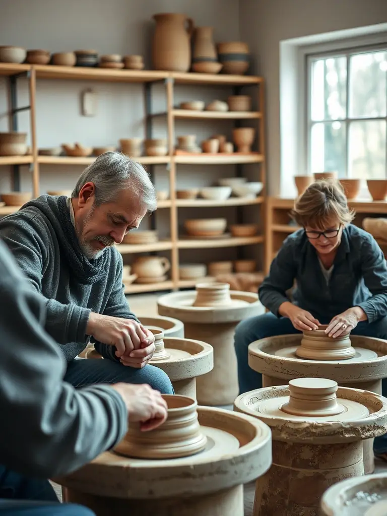 A photograph capturing a pottery class in progress, showcasing participants of various ages shaping clay on spinning wheels, with the instructor providing guidance.