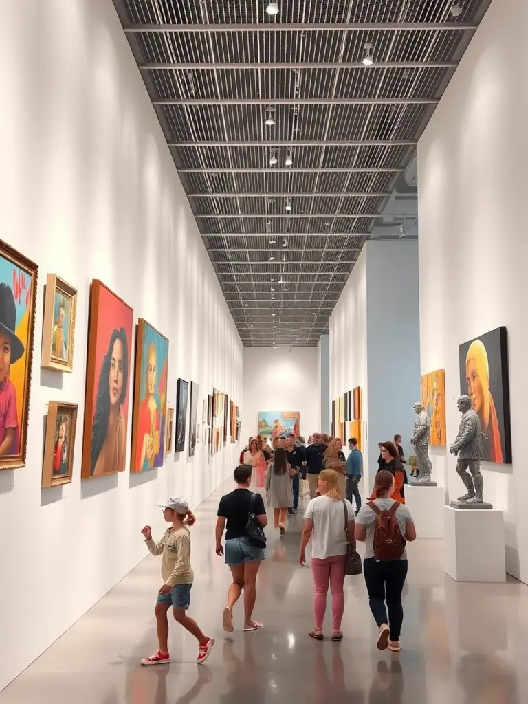 An image of a photography exhibition, showcasing diverse photographic works displayed in a gallery setting, with visitors admiring the art.