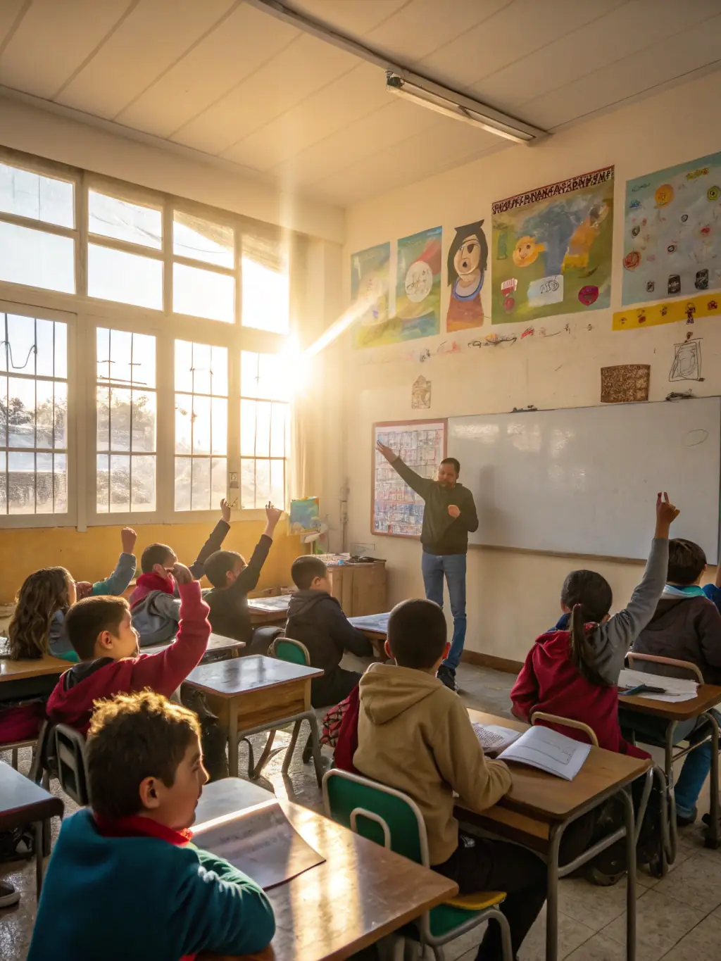 A classroom setting where children are engaged in a creative writing workshop, guided by a professional writer, illustrating ASSOC SOL'ART's dedication to arts education.