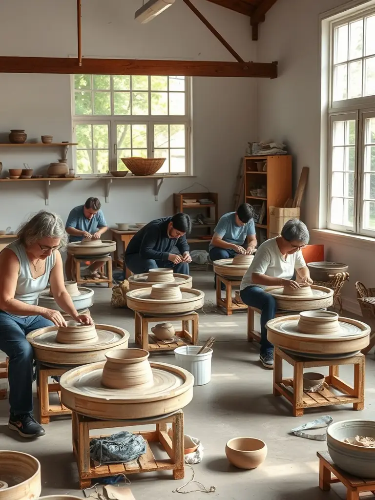 A photograph capturing a diverse group of participants deeply engrossed in a pottery session, their hands skillfully shaping clay, showcasing the inclusive and hands-on nature of ASSOC SOL'ART's workshops.
