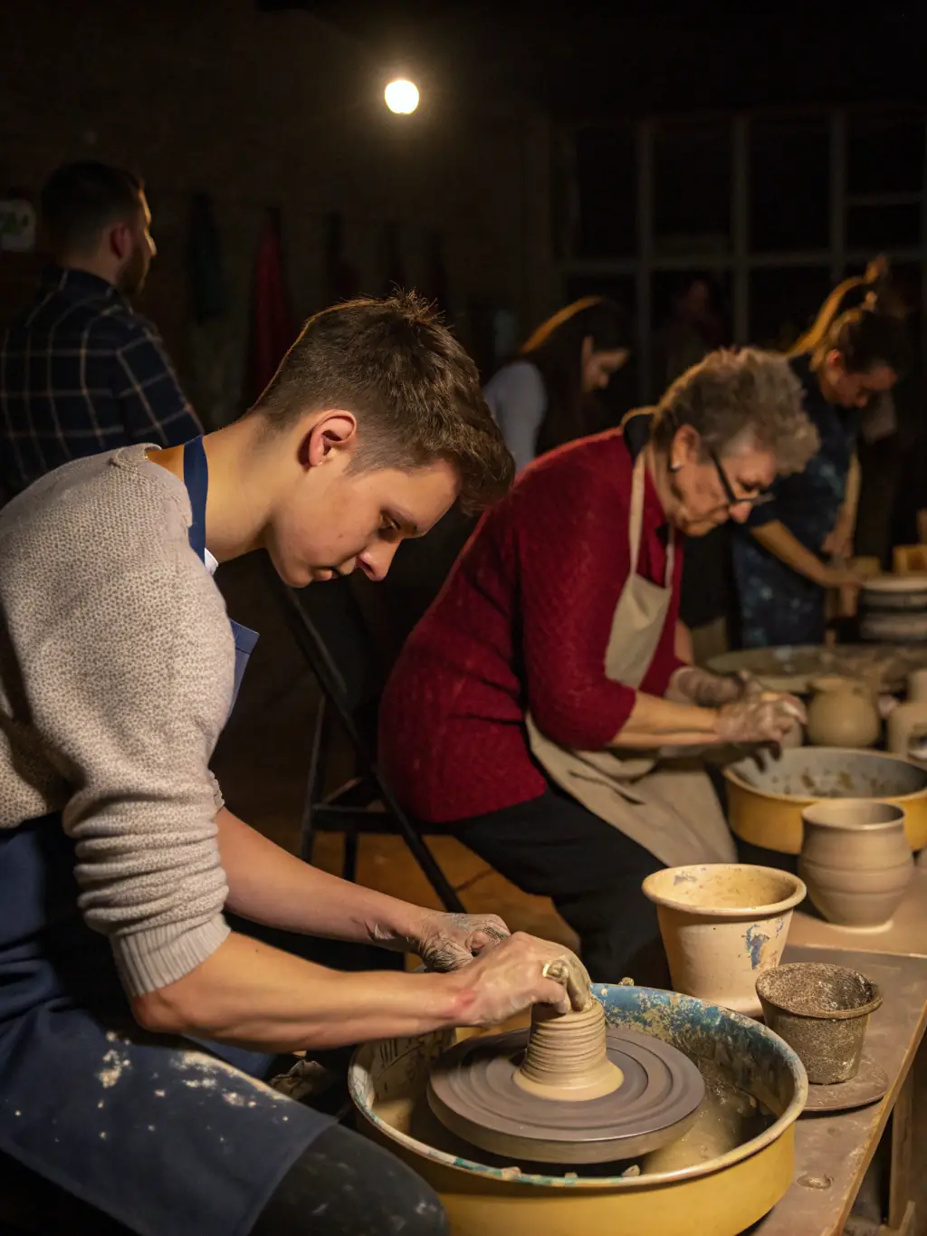 A group of diverse individuals participating in a pottery workshop, their hands covered in clay as they mold various shapes, showcasing the hands-on nature of ASSOC SOL'ART's community art program.