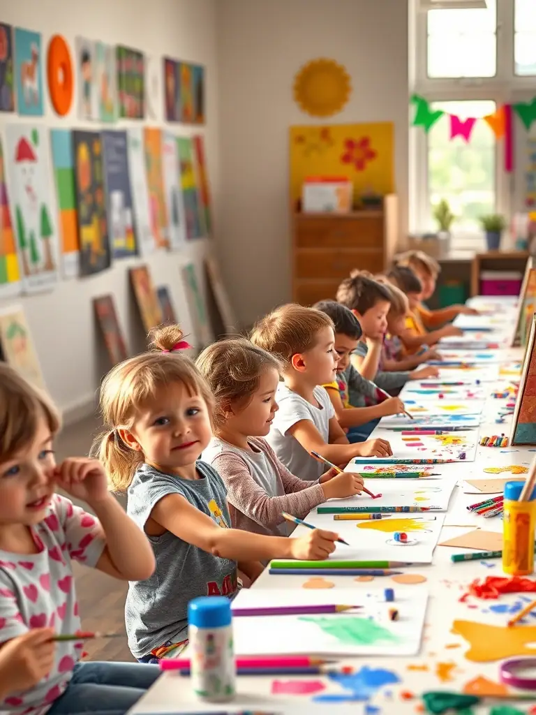 A photo of a children's art workshop, with kids painting and drawing with enthusiasm, surrounded by colorful art supplies and their finished creations.