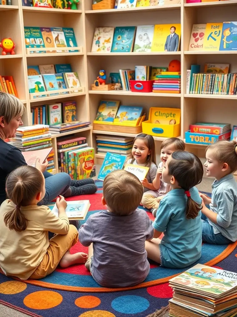 A heartwarming scene of children participating in a storytelling session at a local library, illustrating ASSOC SOL'ART's commitment to supporting literacy and cultural enrichment programs.