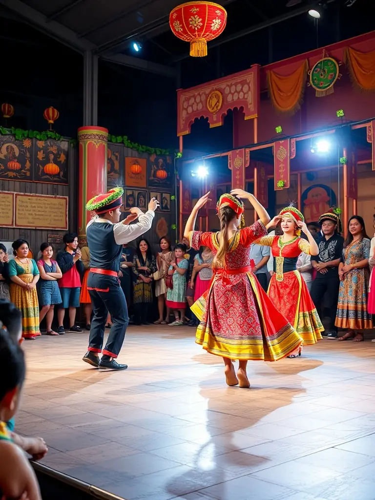 A photograph of a cultural event featuring traditional music and dance, with performers in colorful costumes and a diverse audience, highlighting ASSOC SOL'ART's support for cultural preservation.